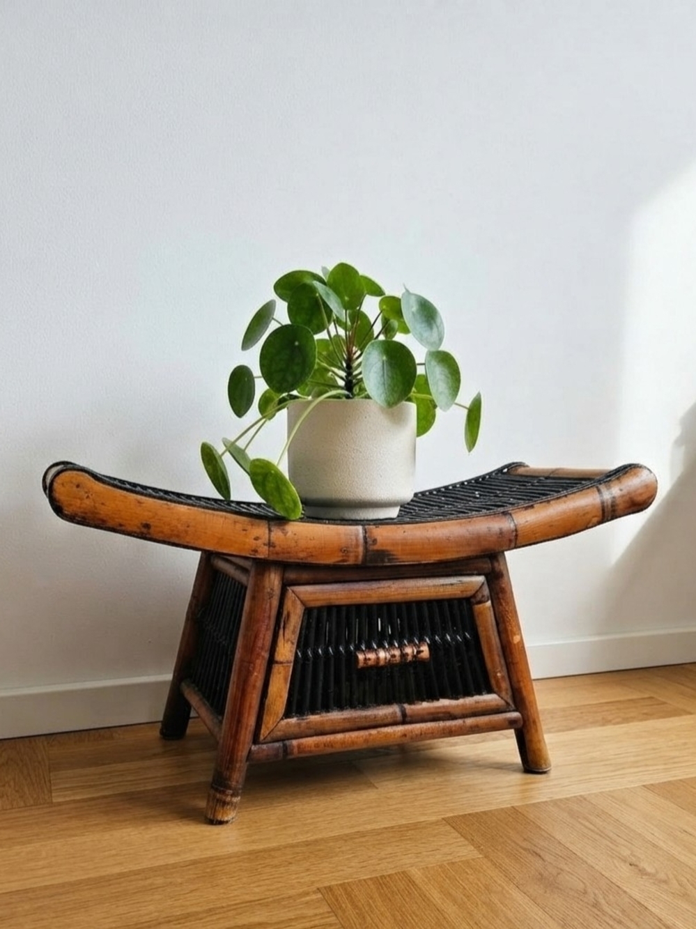 Vintage Japandi Bamboo Slatted Footstool & Plant Riser with Drawer